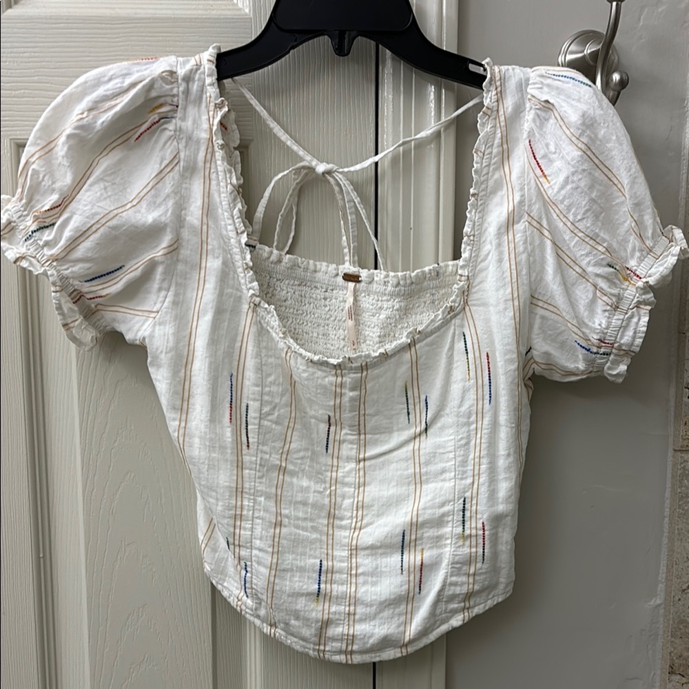 Free People White Smocked Blouse with Cap Sleeves